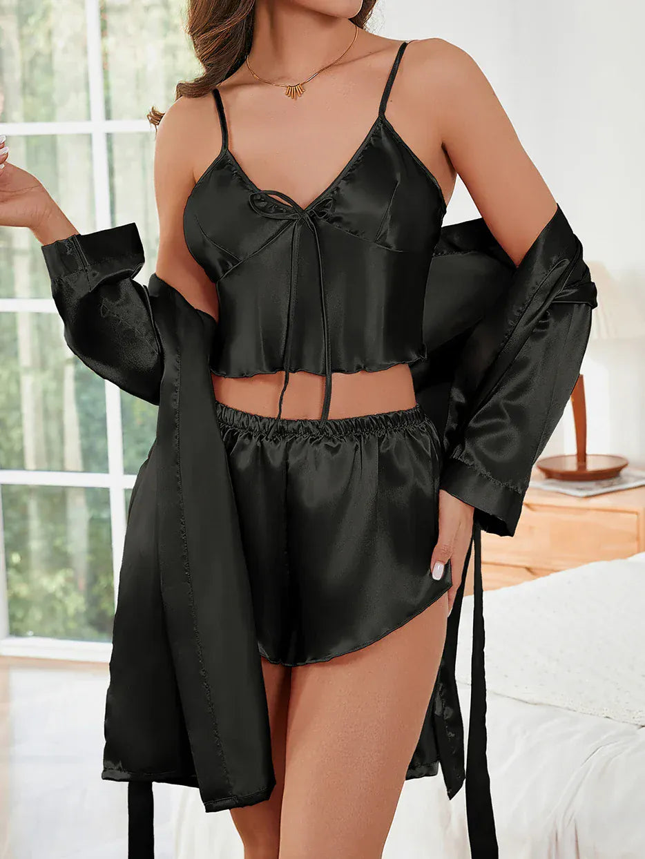 Komplet piżamowy w stylu satynowym ze szlafrokiem