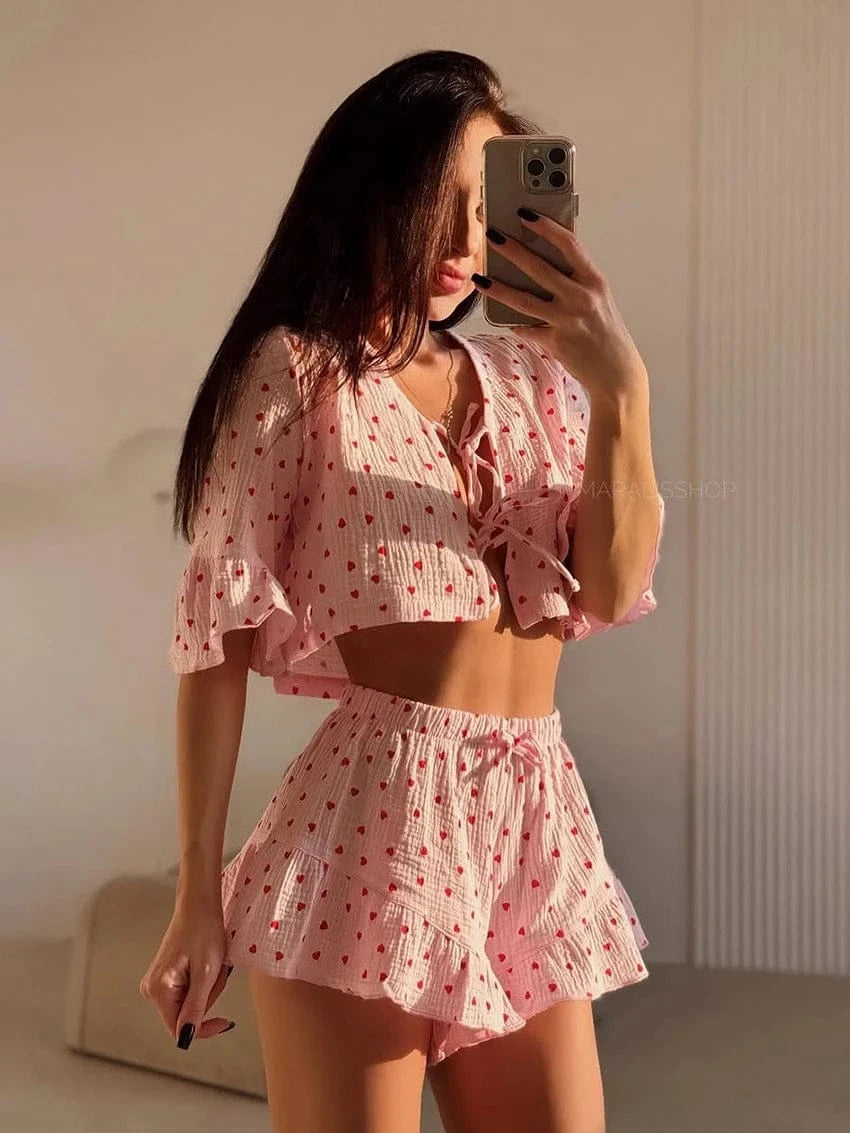 Komplet muślinowy z nadrukiem w serca