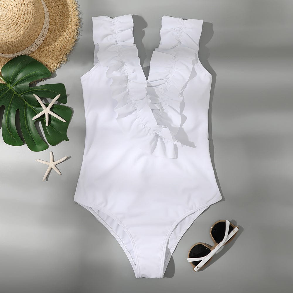 Biały kostium kąpielowy z dużą falbanką-Diabolique