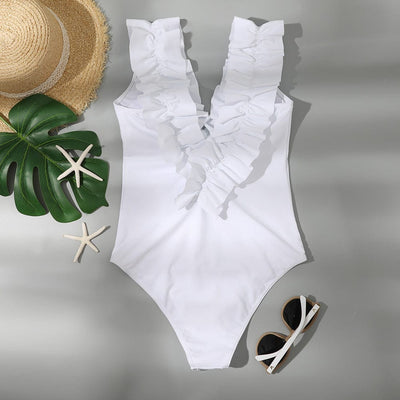 Biały kostium kąpielowy z dużą falbanką-Diabolique
