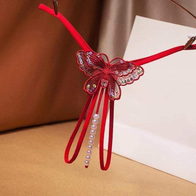 Paseczkowe stringi z koralikami i motylkiem-Diabolique